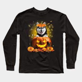 Husky Spooky Halloween Pumpkin Dog Head Long Sleeve T-Shirt